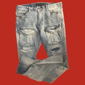 Men’s DECIBEL Faded Cargo Blue Jeans 
10 Pockets | Distressed | Flared | Ripped